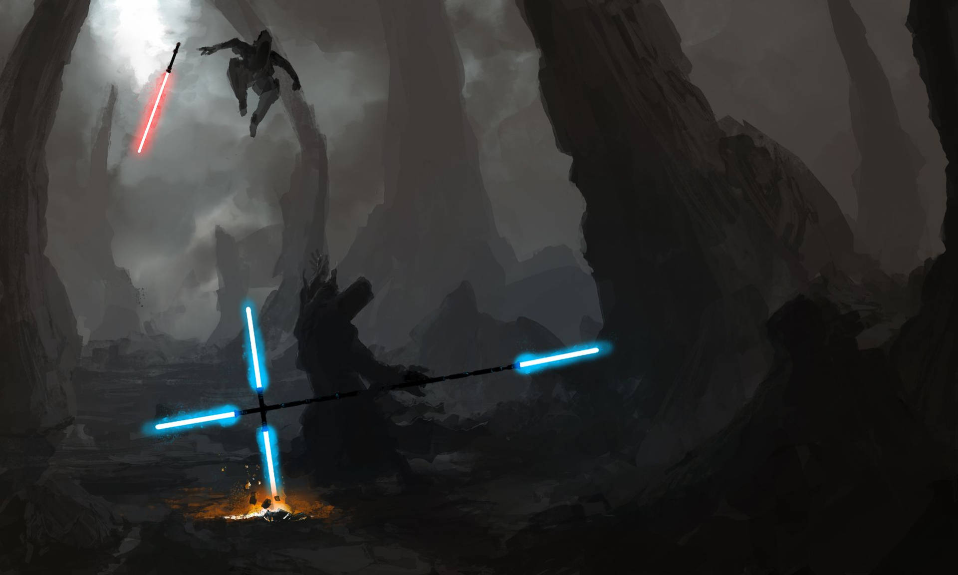 An epic battle between Sith and Jedi Wallpaper