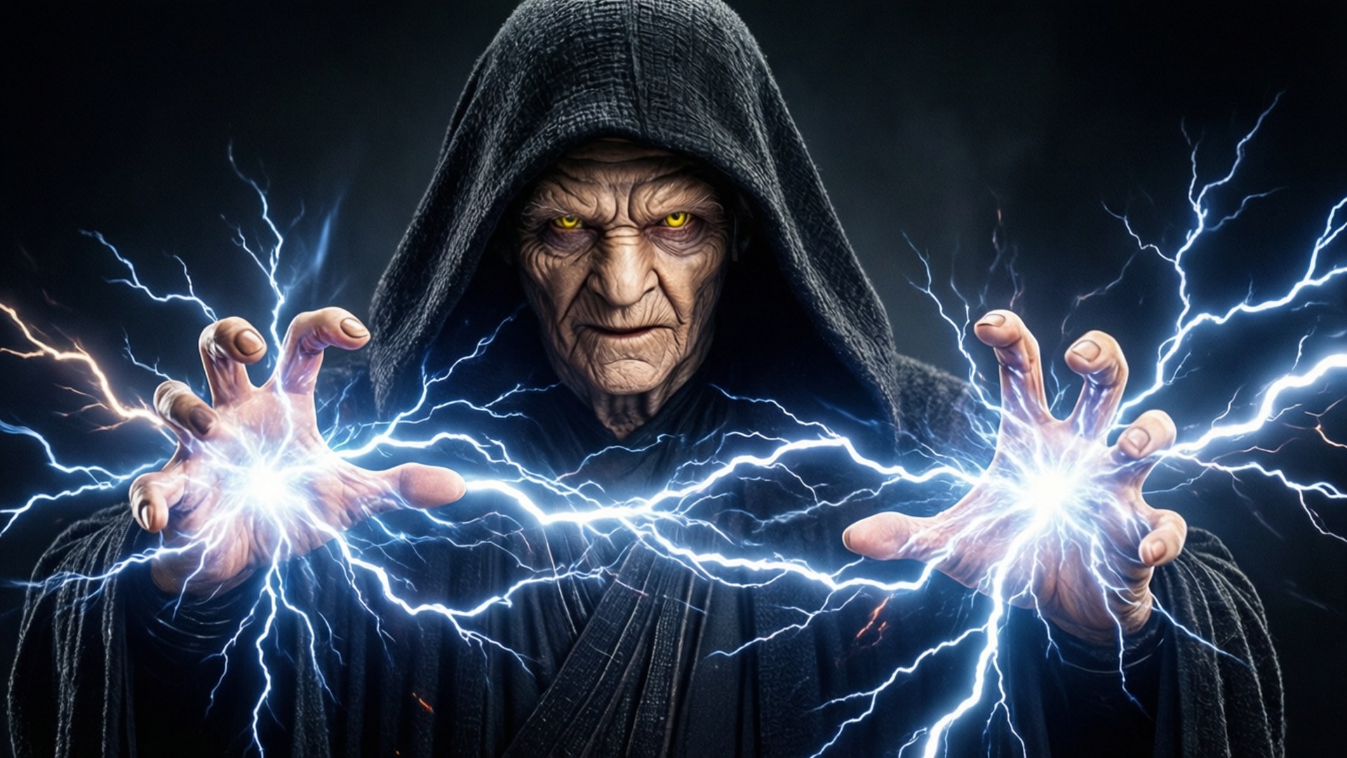 Seorang Sith Lord menyalurkan petir kekuatan yang merusak.