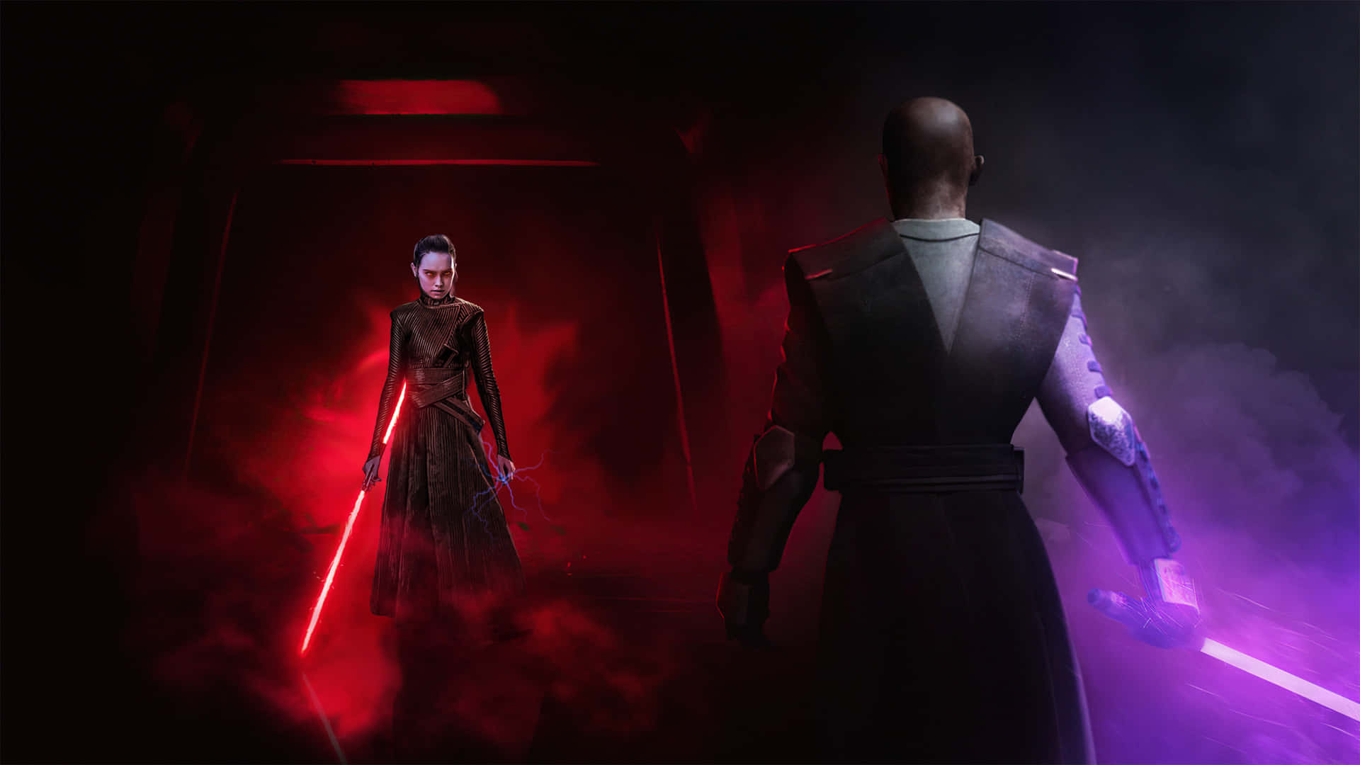 A menacing Sith Lord stands in the shadows Wallpaper