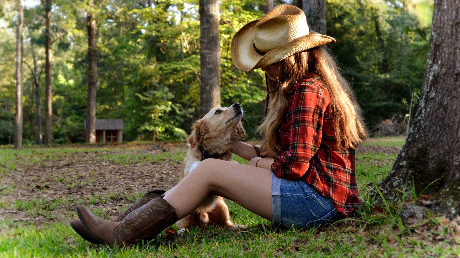 Sitting Cowgirl With A Dog Wallpaper