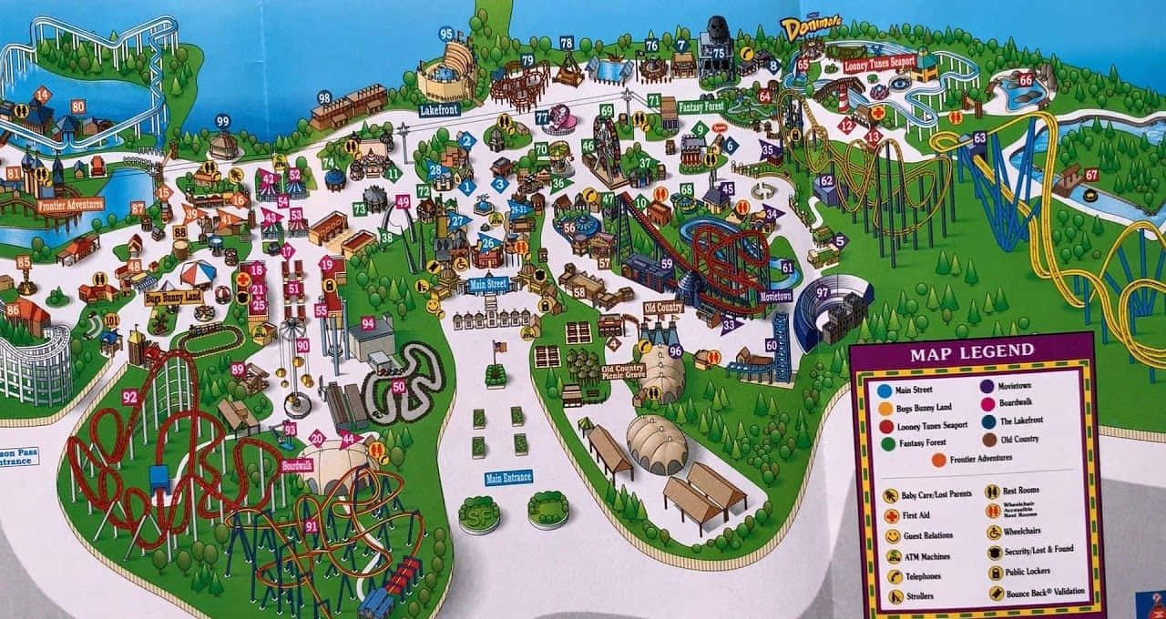 A Map Of A Theme Park With Many Rides And Attractions
