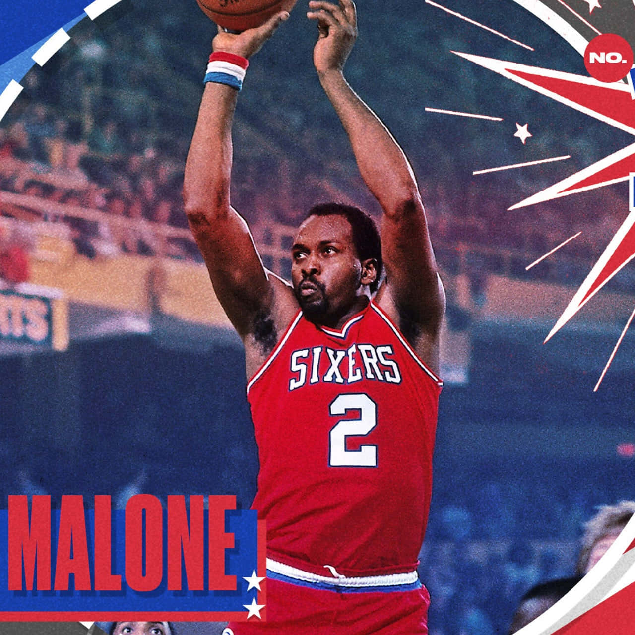 Sixers nummer 2 Moses Malone Bold Tapet: Tag det stærke udseende af Moses Malone nummer 2 Sixers med dette farverige tapet. Wallpaper