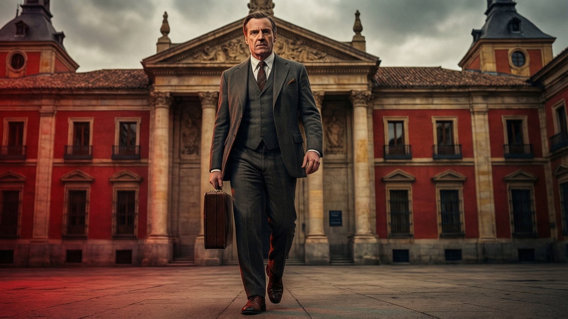 Confident Approach Wallpaper — A man in a dark suit strides confidently toward the viewer holding a briefcase in front of a grand red and stone building under a cloudy sky.