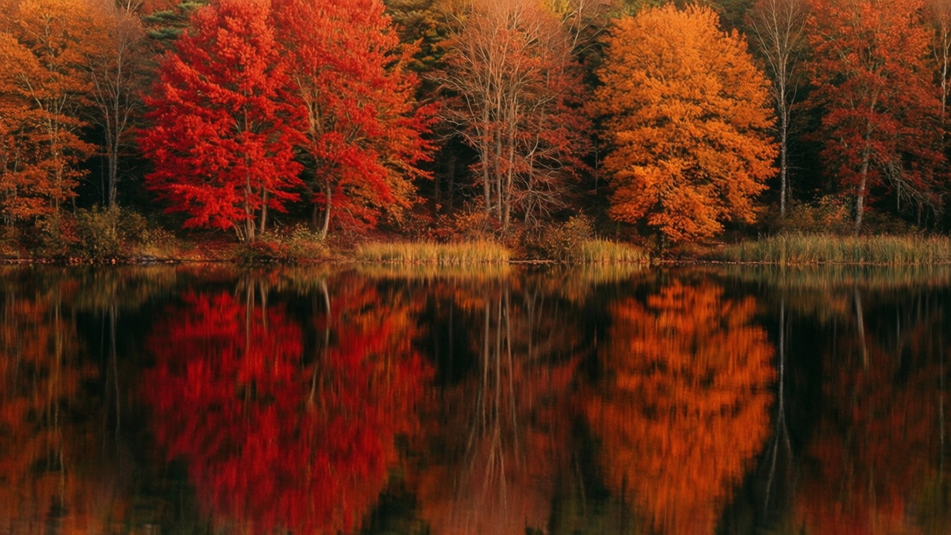 Lake of Autumn Colors Wallpaper — Vibrant autumn trees with fiery red and orange leaves mirror perfectly in a calm lake surrounded by reeds.