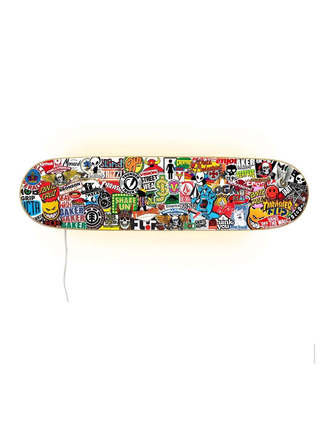 A Skateboard With Many Different Stickers On It Wallpaper