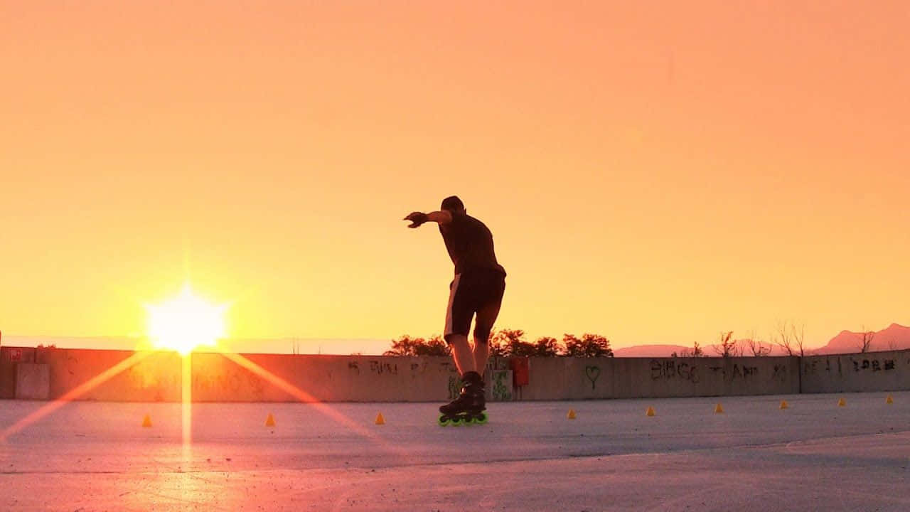 Skateboarders riding with the sunset in the background
