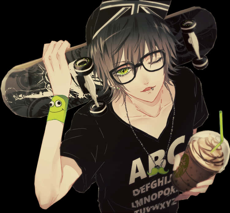 Skater Anime Boywith Glasses PNG