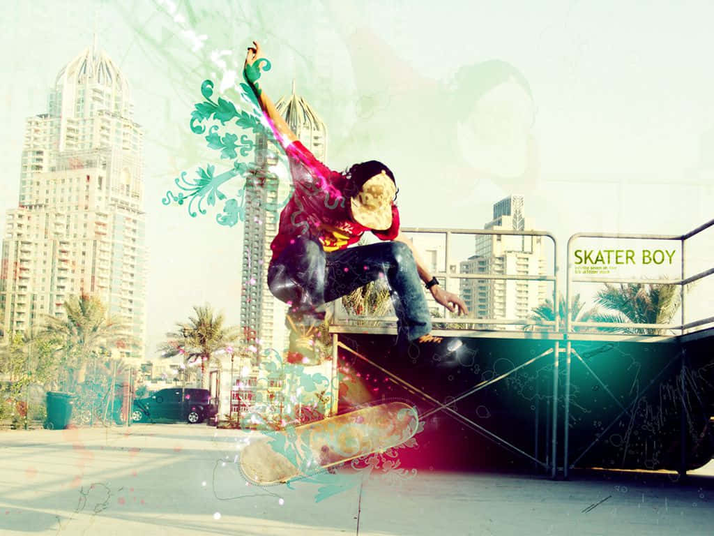 En modig skateboarder udfører et risikabelt hop over en flod. Wallpaper
