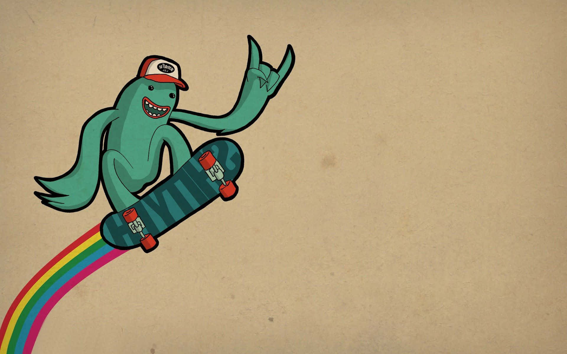 Unpersonaje De Dibujos Animados Está Montando En Skateboard Sobre Un Arcoíris. Fondo de pantalla