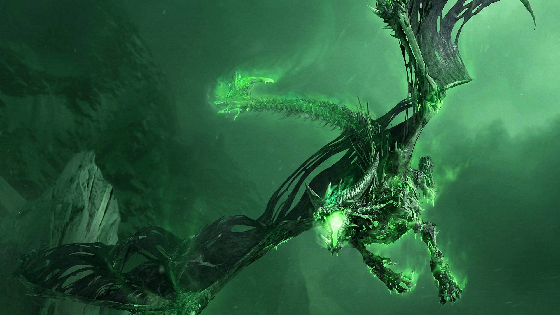 Skeletal Flying Green Dragon Wallpaper