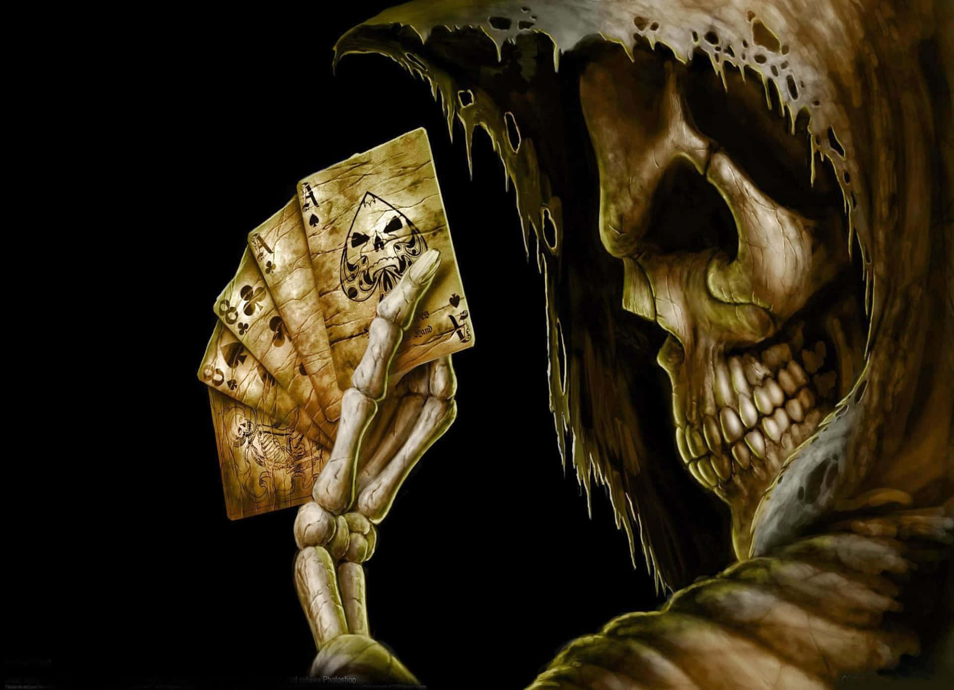 A Skeleton Holding Playing Cards