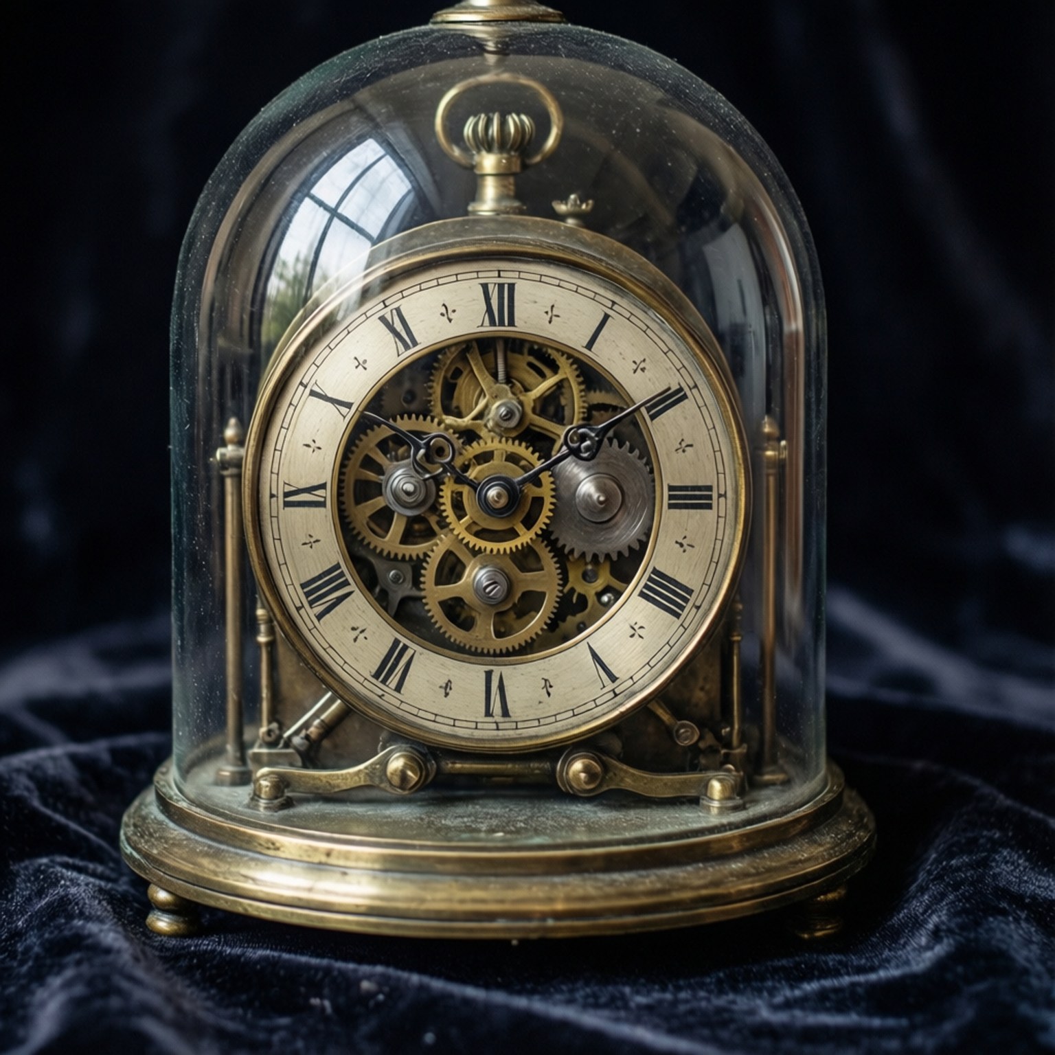 A detailed macro shot of an antique skeleton clock under glass.