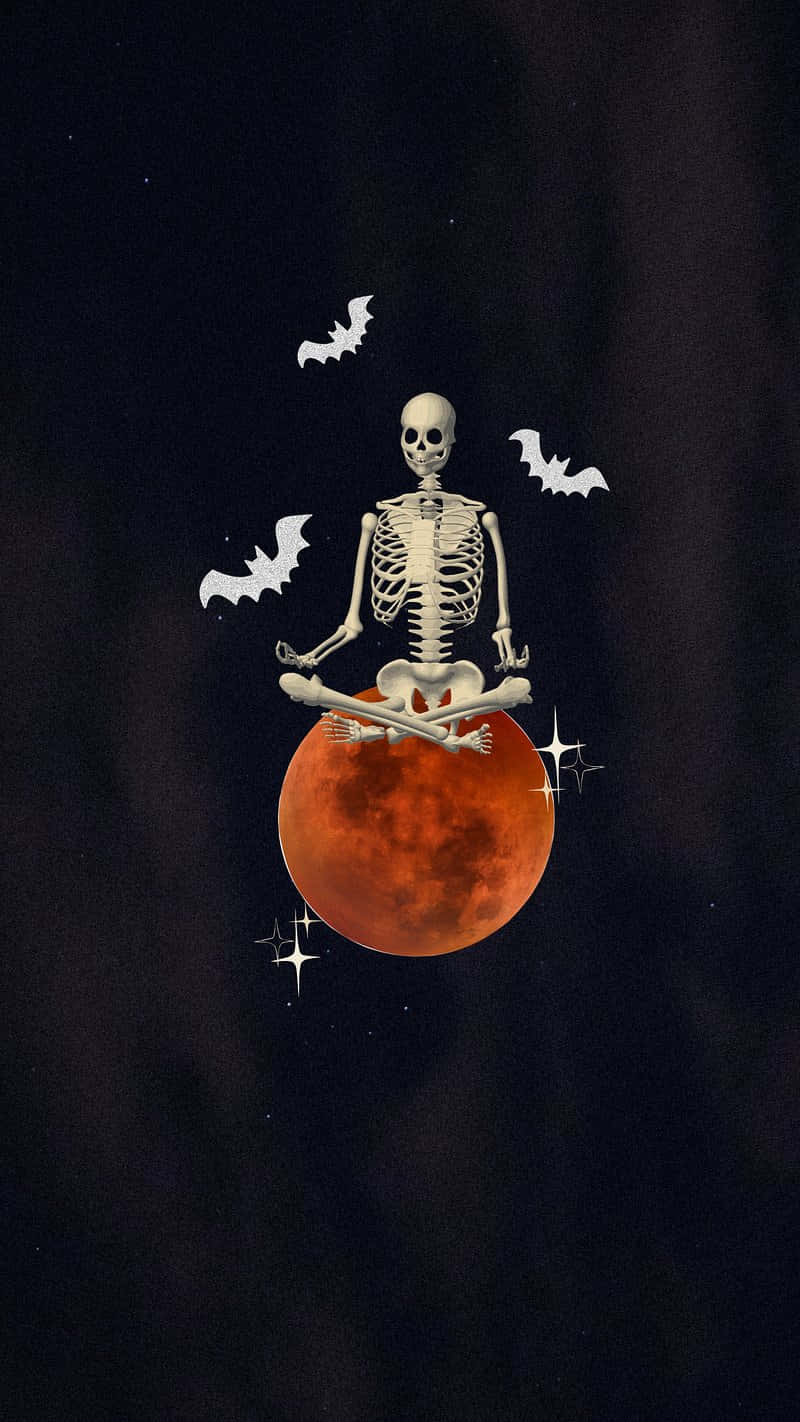 Skeleton_ On_ Blood_ Moon_ With_ Bats Wallpaper