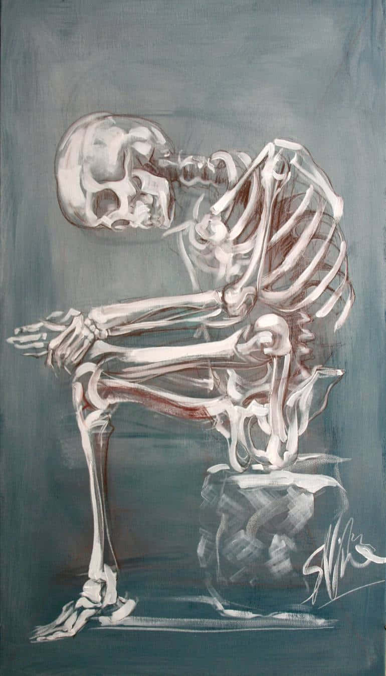 A Painting Of A Skeleton Sitting On A Bowl