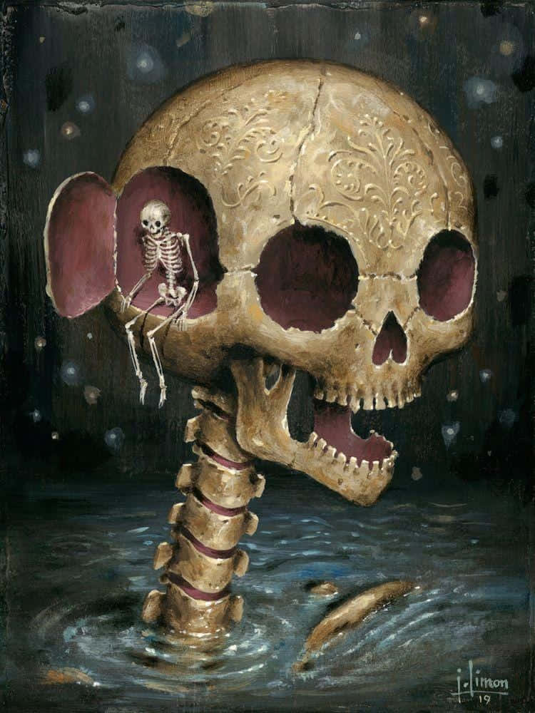 A Painting Of A Skeleton In The Water