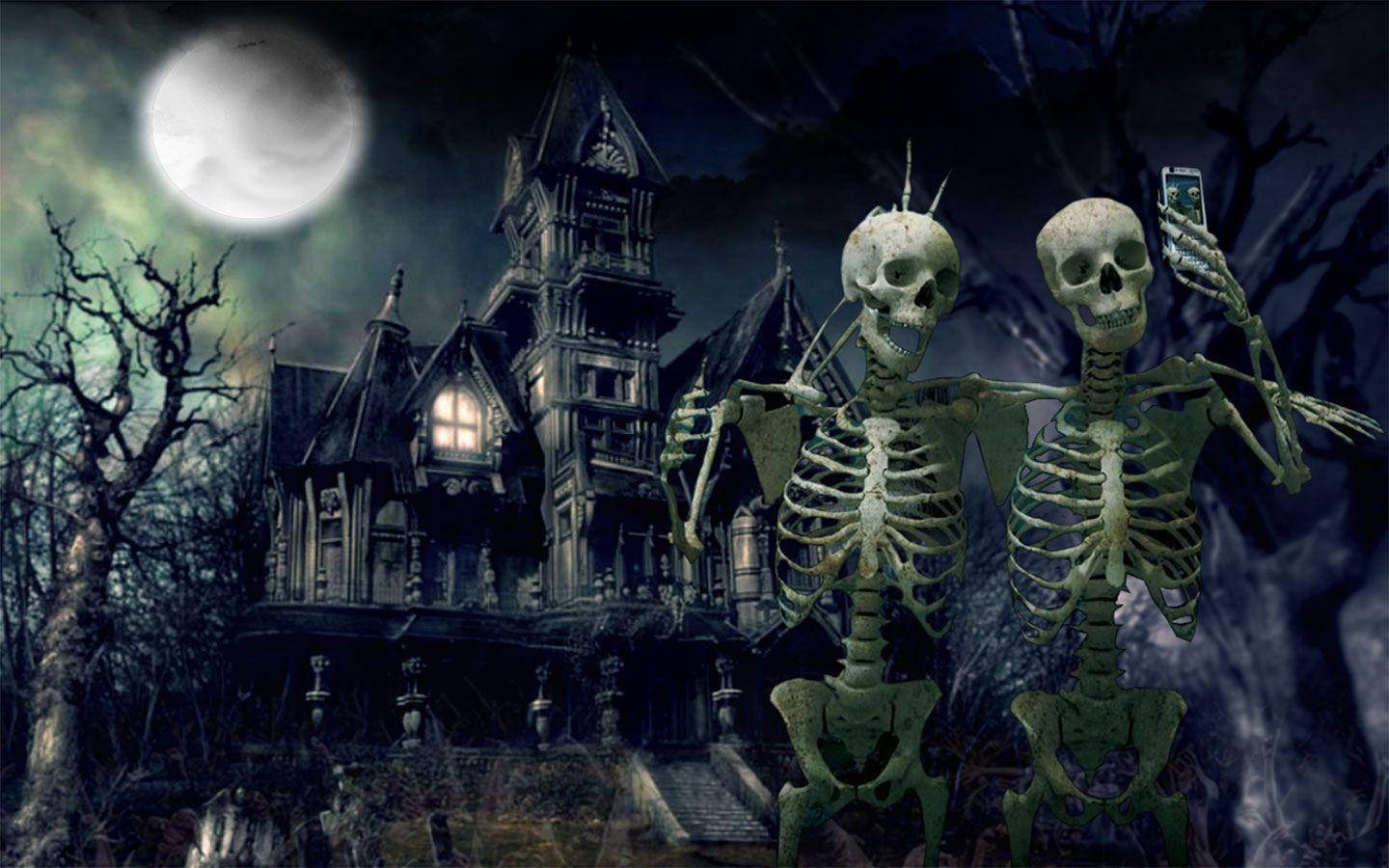 Skeleton Selfie Outside Haunted House Wallpaper