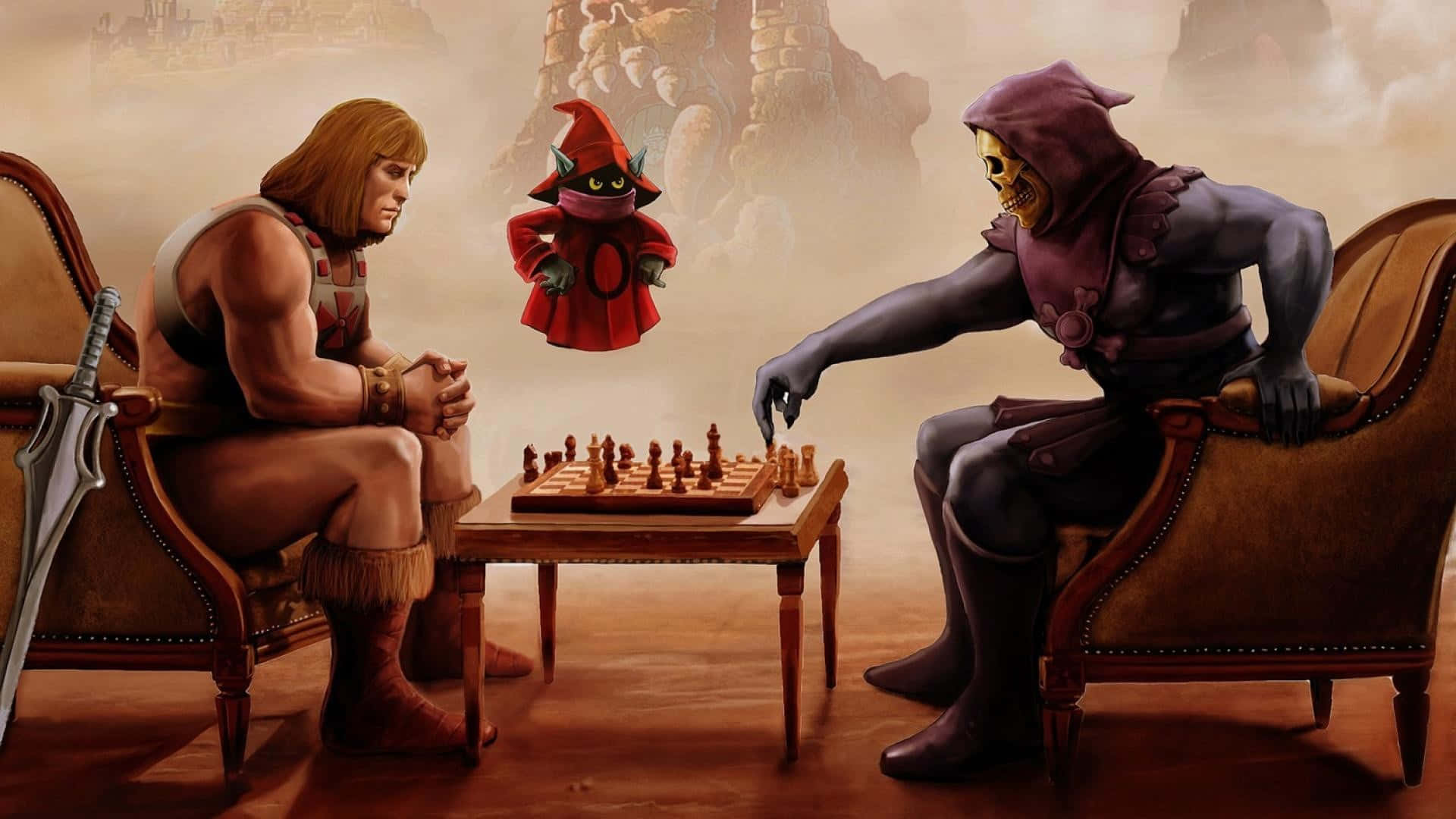 Einmann Und Eine Frau Spielen Schach Auf Einem Stuhl. Wallpaper