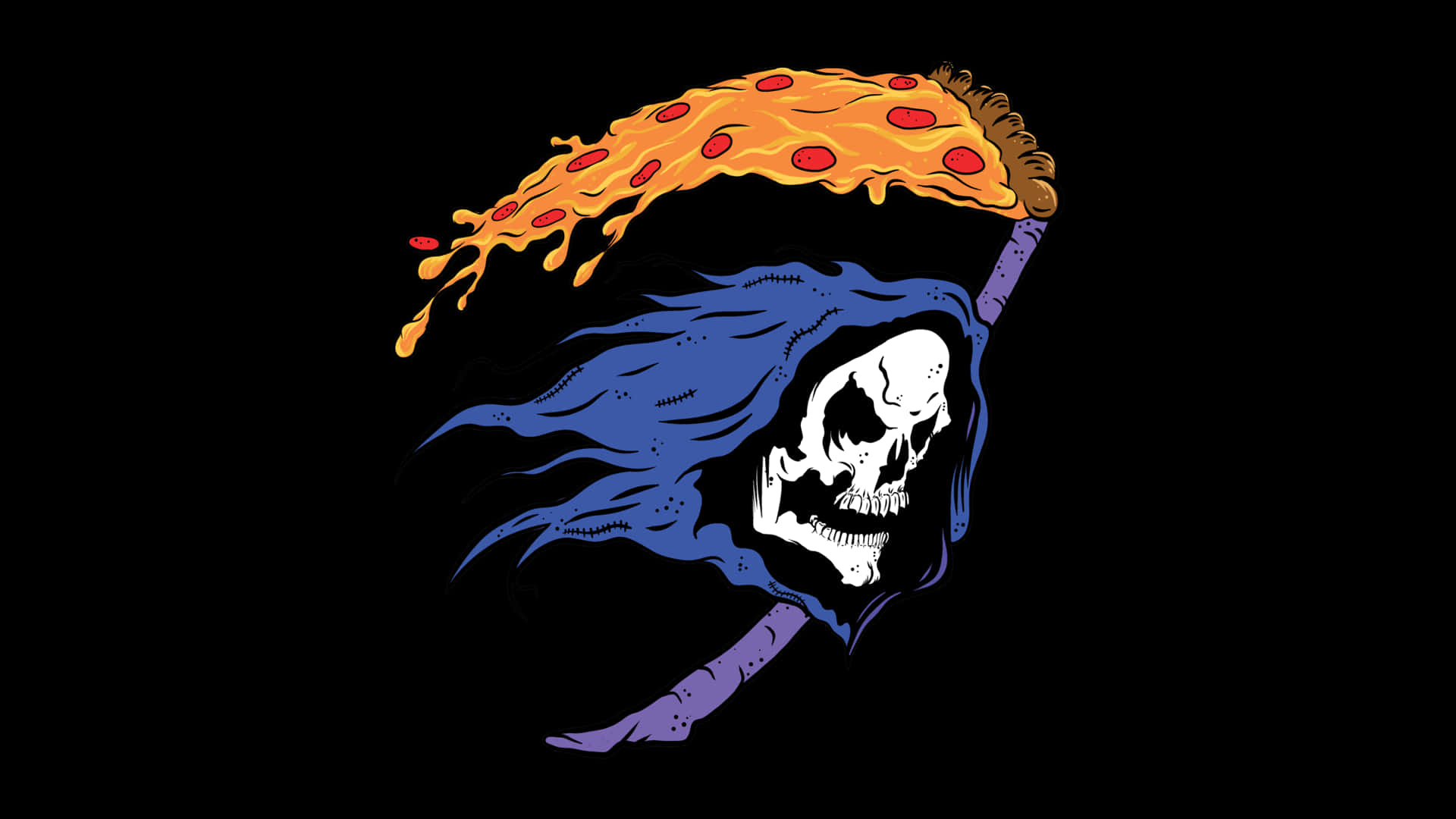 Et skelet med en slegt og pizza Wallpaper