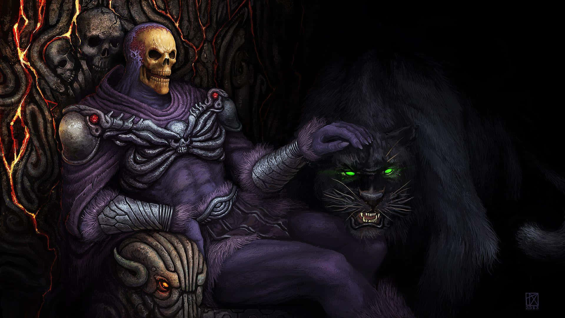 a skeleton sitting on a purple chair with a black cat Wallpaper