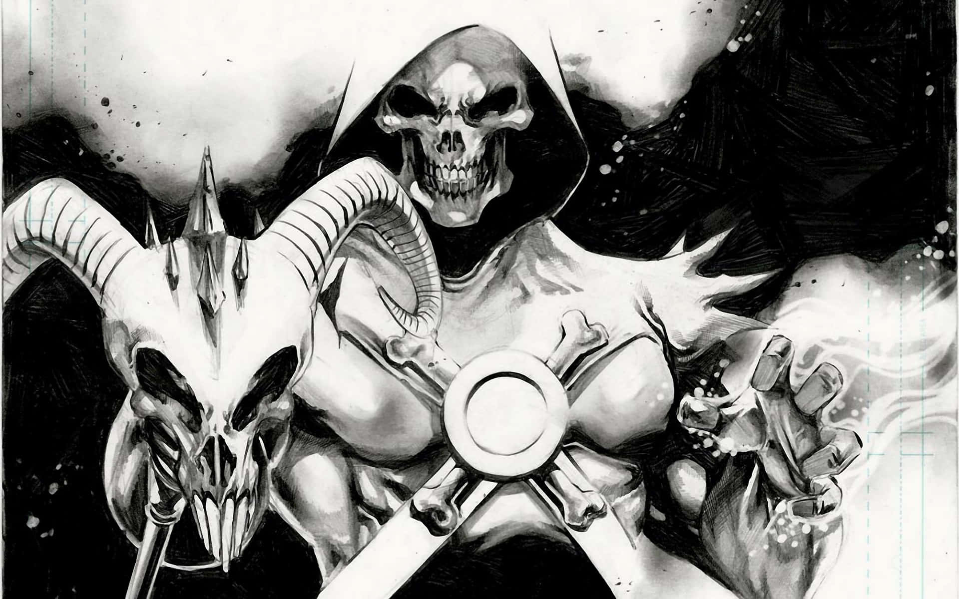 En sort og hvid tegning af et skelett der holder et sværd. Wallpaper