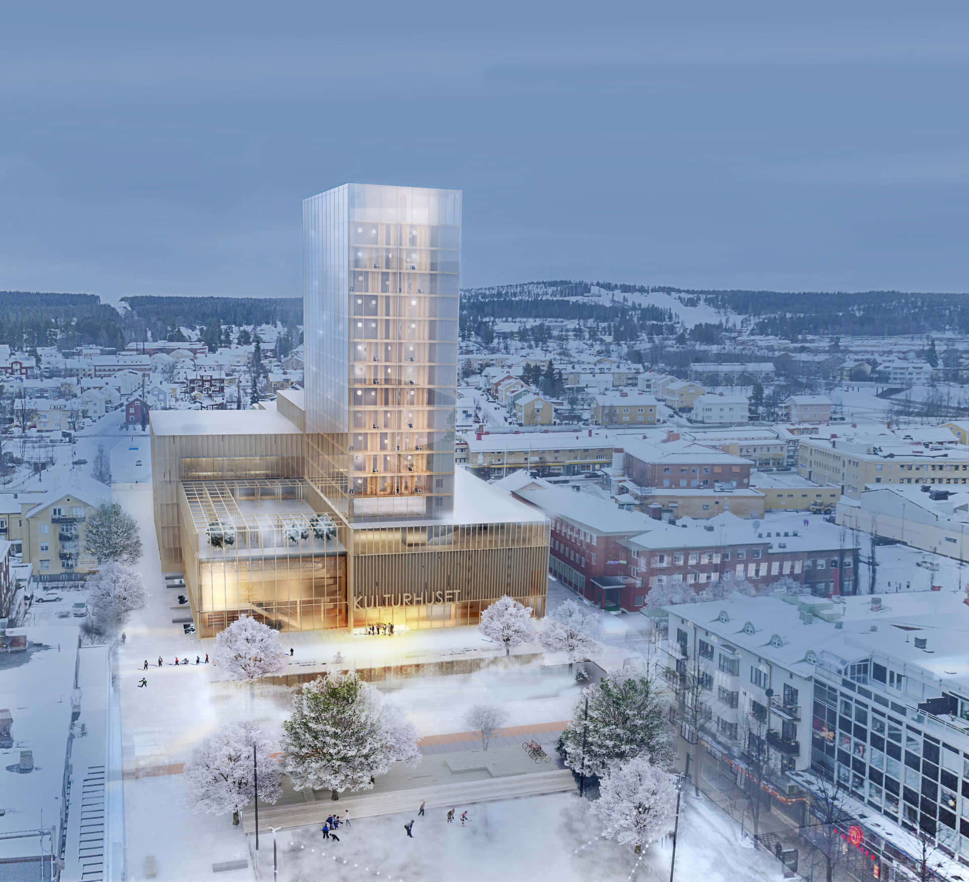 Skellefteå Kulturhus Vinter Kveld Bakgrunnsbildet