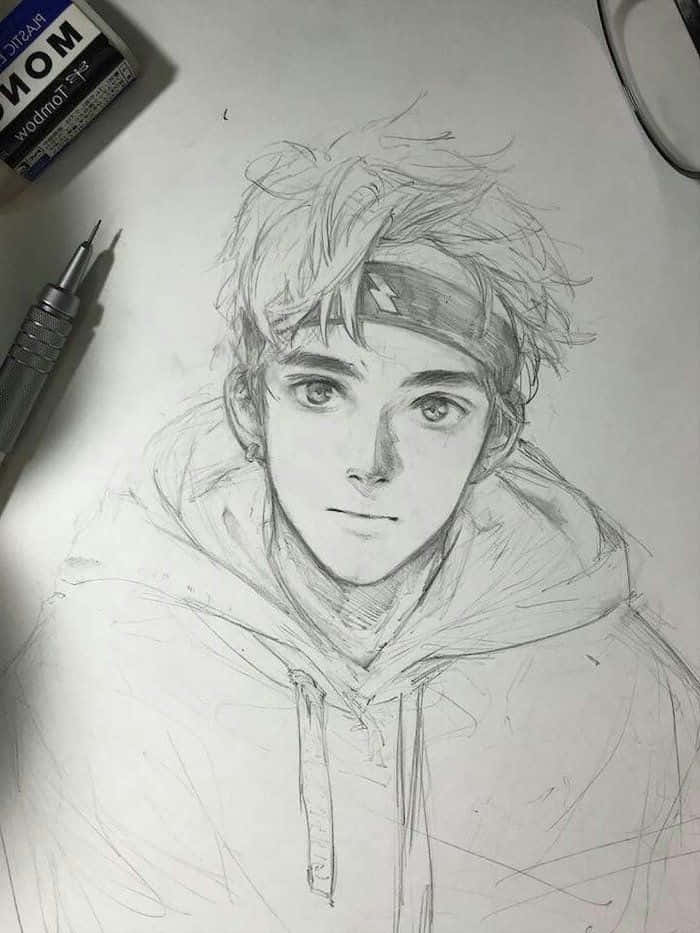 Grayscale sketch of man with earrings Anime Hoodie Drawing Male Manga boy  black Hair chibi monochrome png  PNGWing