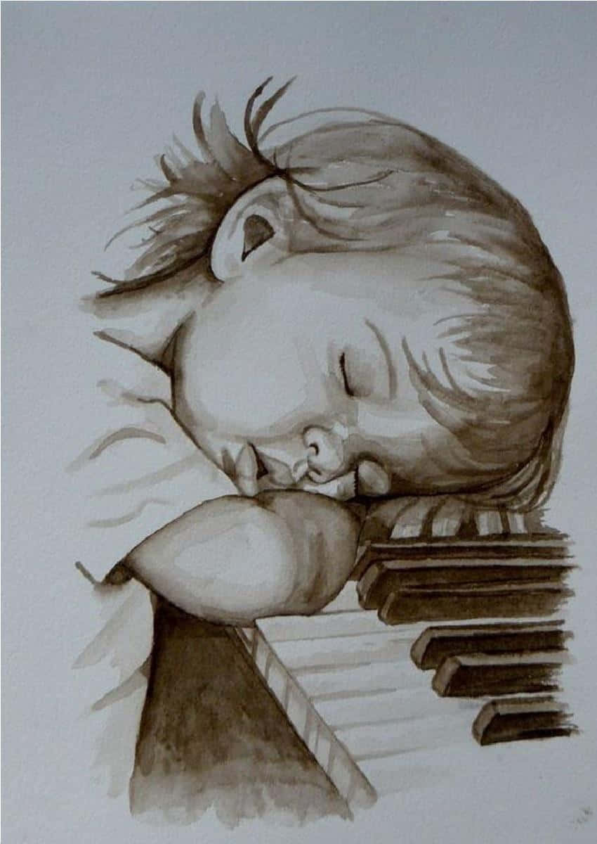 Piano And Kid Sketch Art Picture