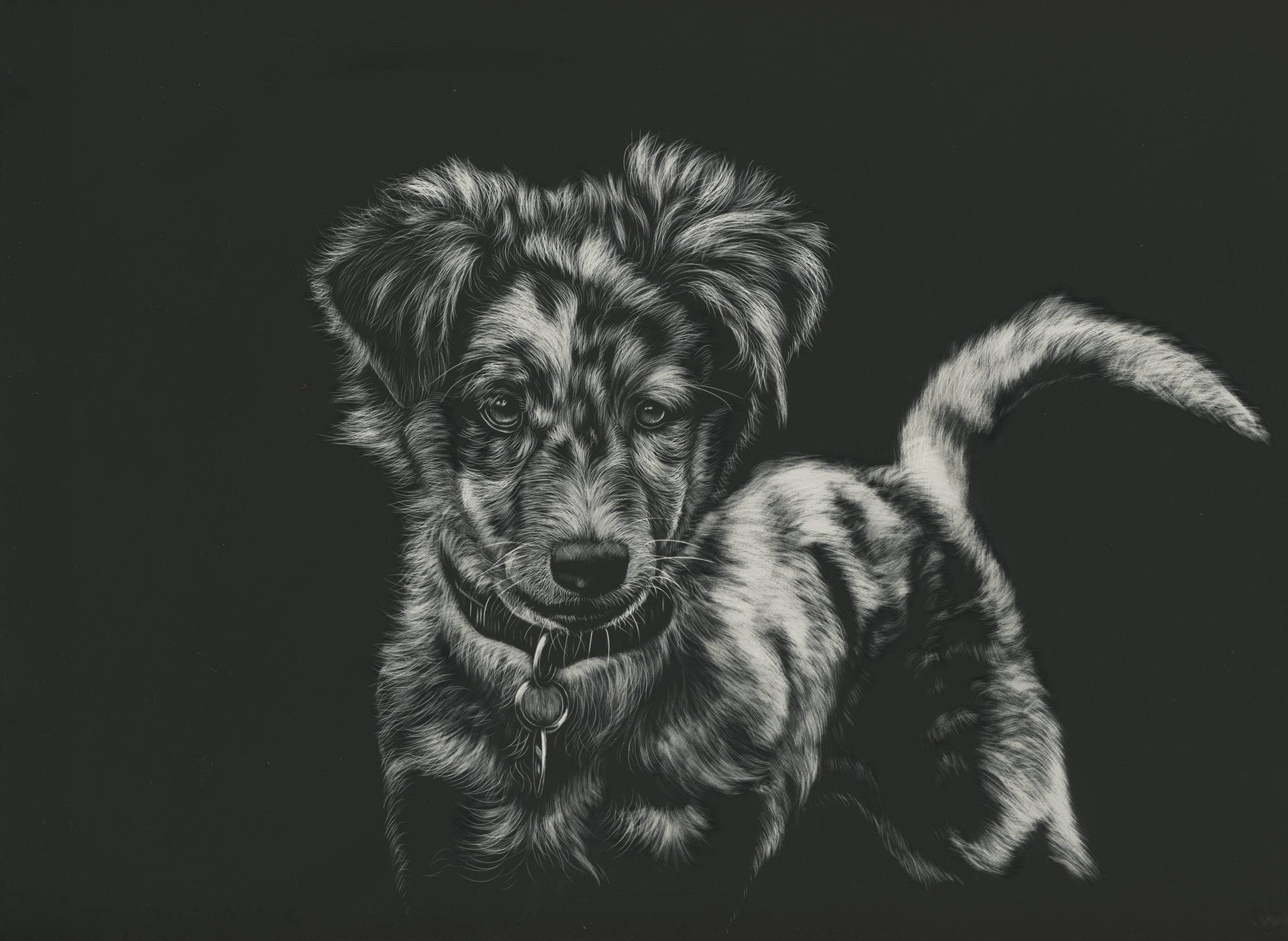 Sketch Of Black And White Dog Wallpaper