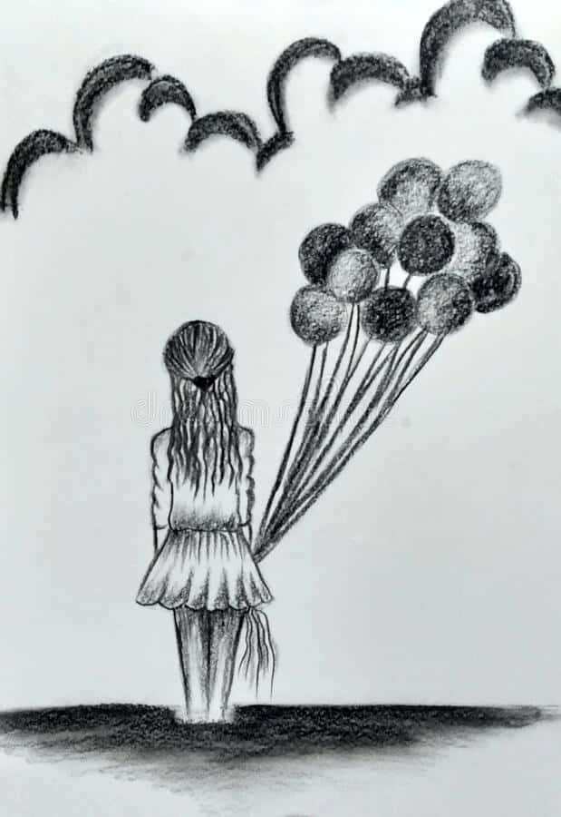 Skizzeeines Mädchens Mit Luftballons Bild