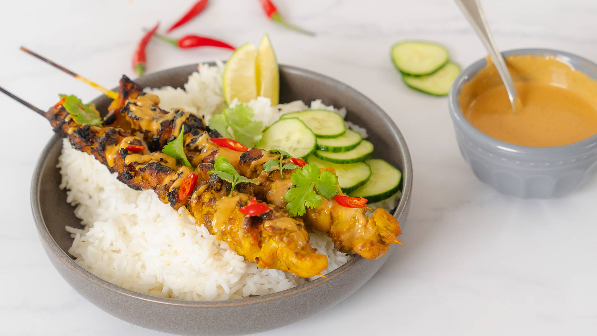 Skewered Chicken Satay Southeast Asian Dish With Rice Wallpaper
