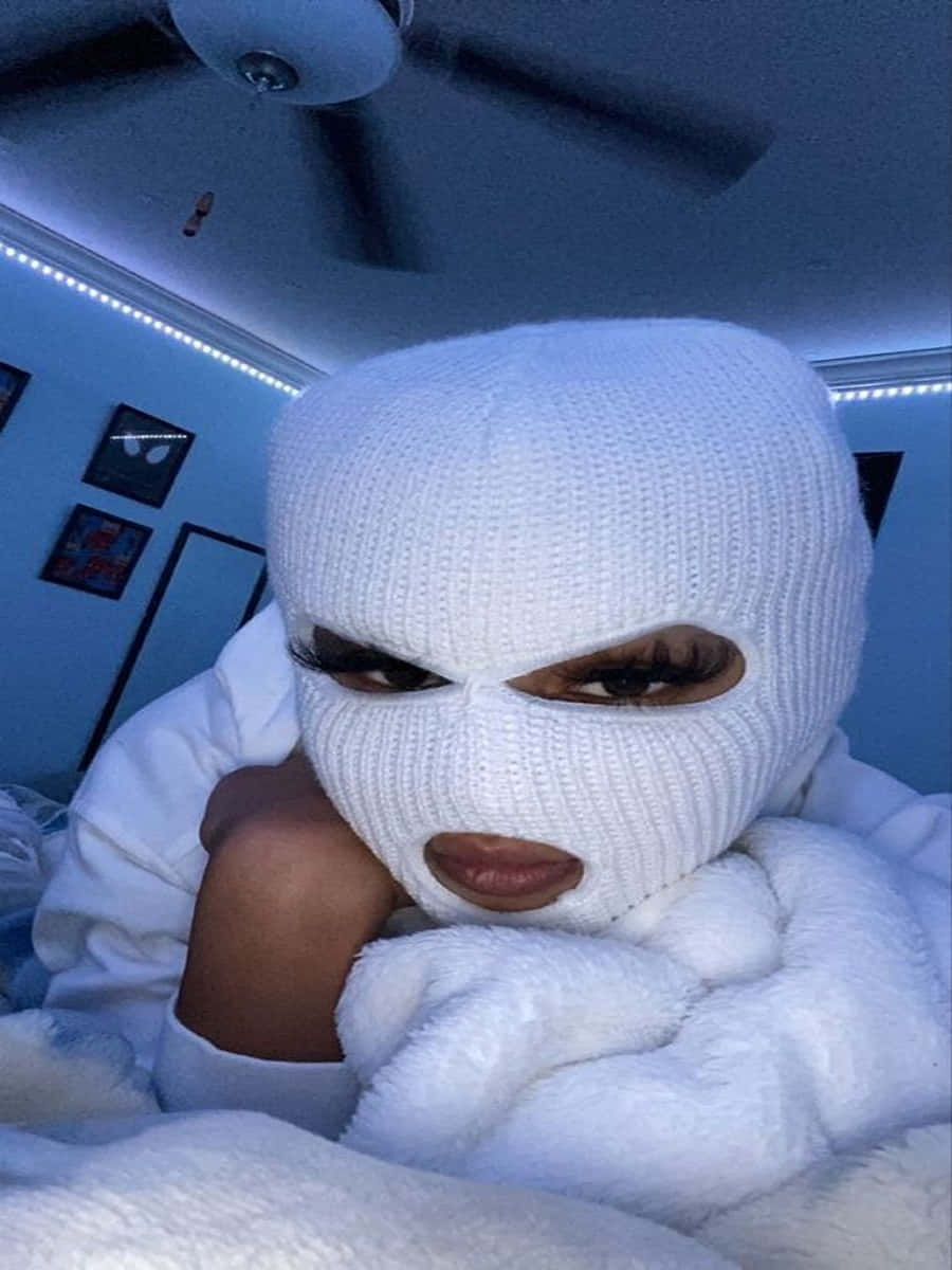 White Knitted Ski Mask Girl In Room Wallpaper