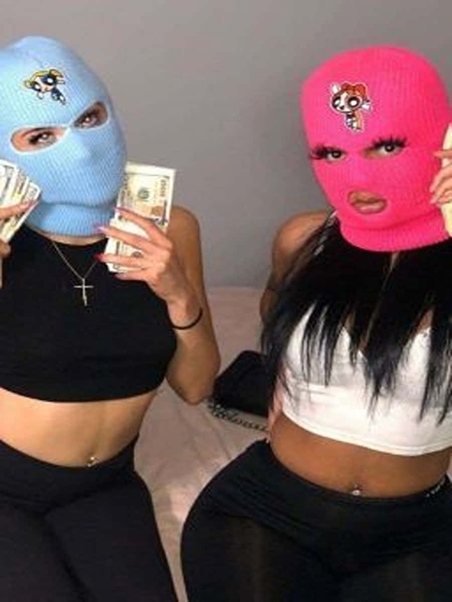 Pink And Blue Ski Mask Girl With Money Wallpaper