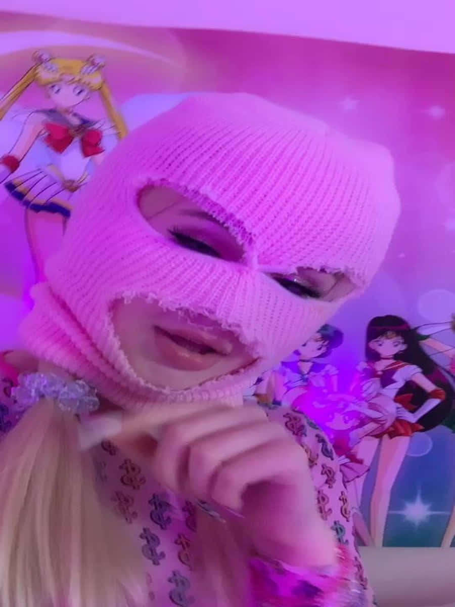 Pink Knitted Ski Mask Girl In Dollar Shirt Wallpaper