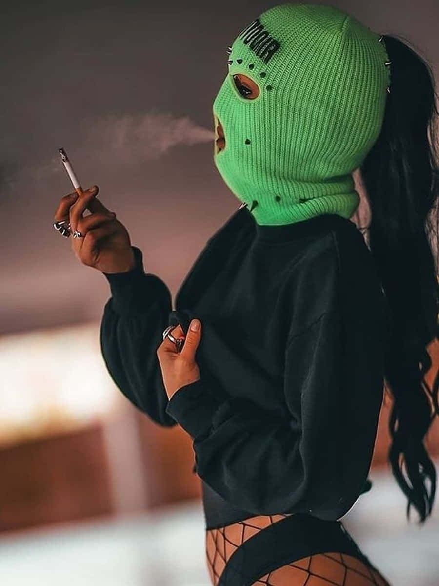 Green Ski Mask Girl With Cigarette Stick Wallpaper