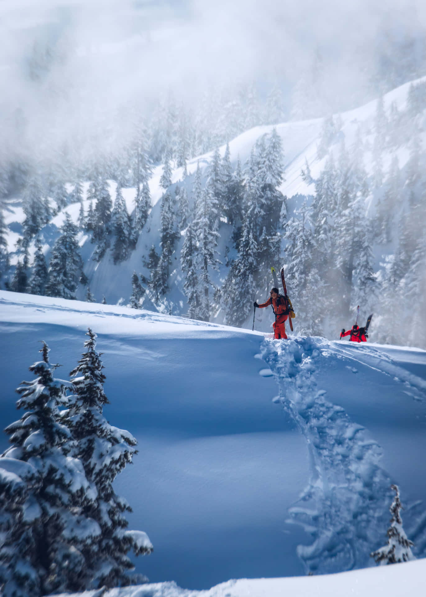 A lone skier glides down a snow-covered slope against a backdrop of scenic mountains