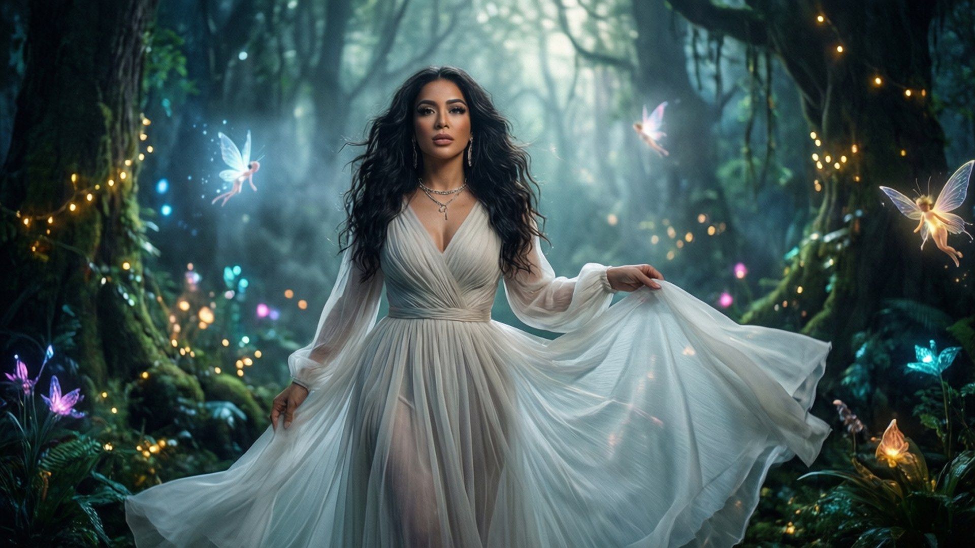 Forest Dream Wallpaper — A woman in a flowing white gown stands in a mystical forest as glowing fairies flutter around her among bioluminescent flora.