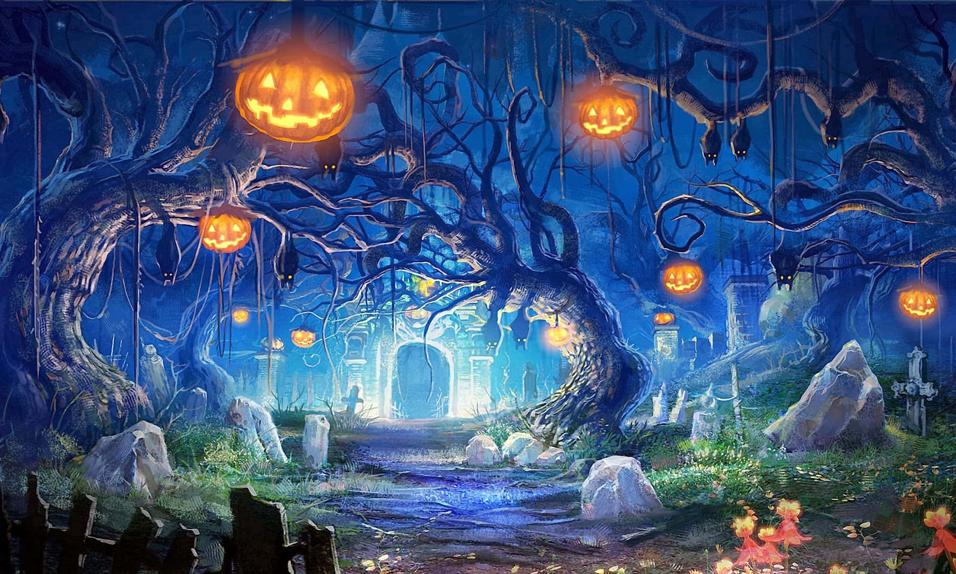 Skræmmende halloweenbilleder fyldt med edderkopper og spøgelser.