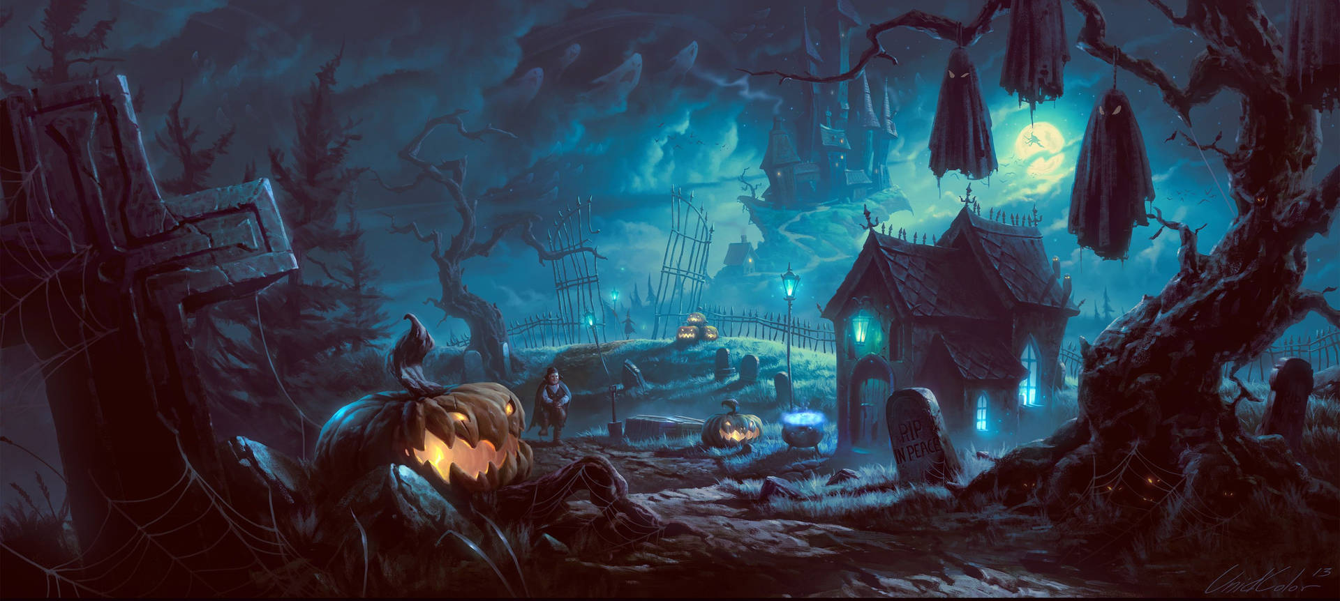 Skræmmende Halloween-slot På En Kirkegård Wallpaper