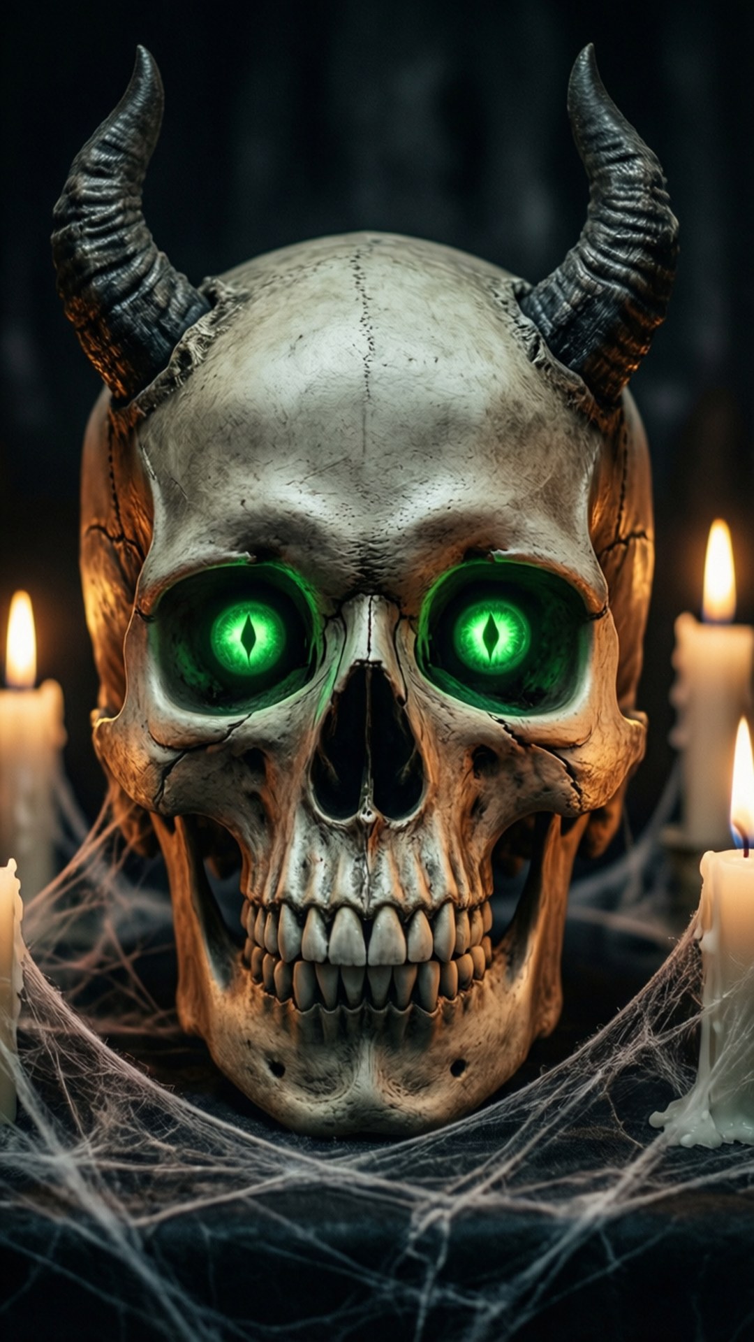 Un teschio con corna del diavolo in un'ambientazione horror oscura.