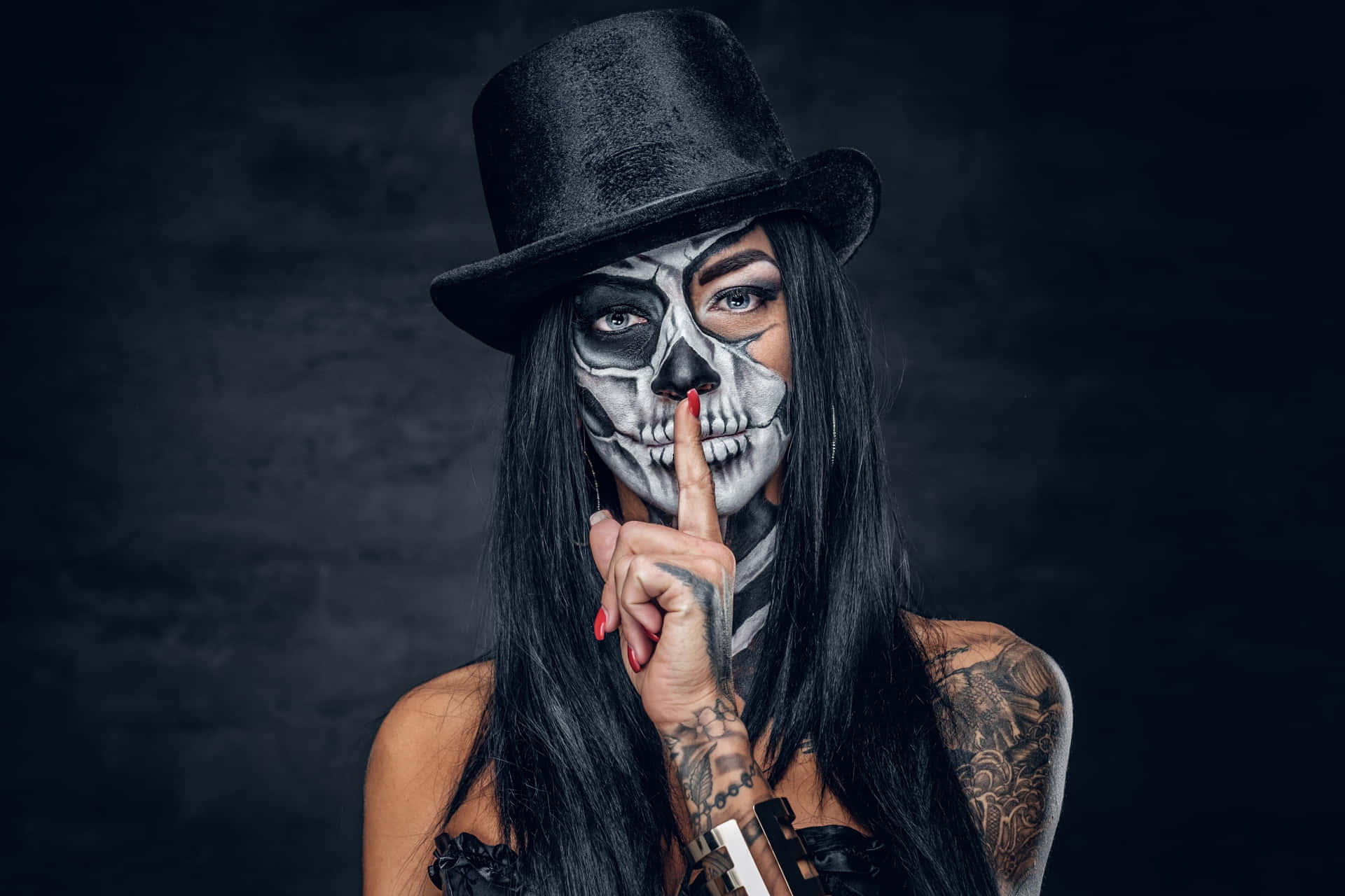 Skull Face Woman And Hand Tattoo Wallpaper