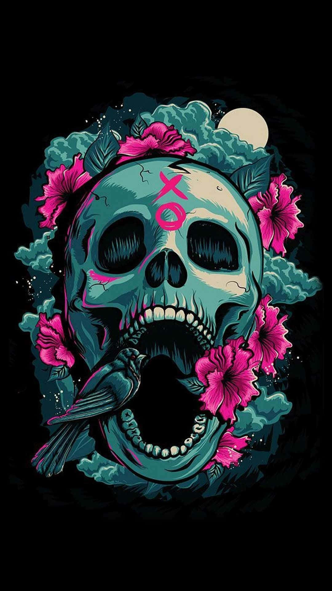 A Skull With Flowers And A Bird On It Wallpaper