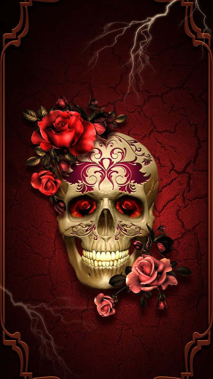 A Skull With Roses And A Red Background Wallpaper