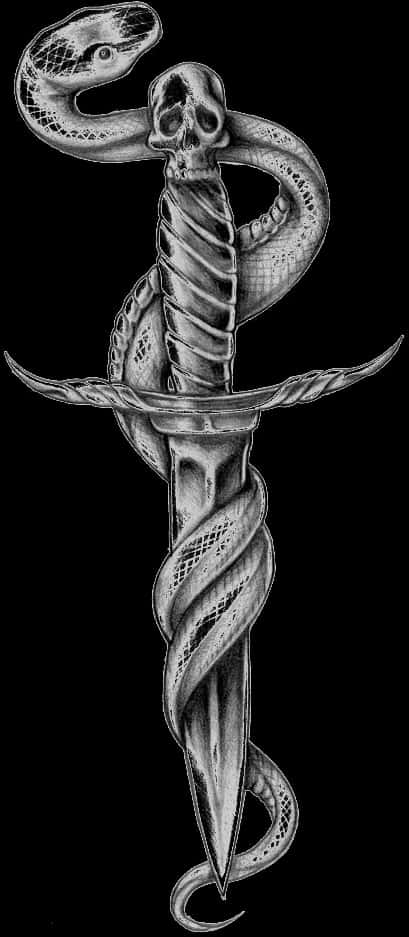 Skull Serpent Dagger Tattoo Design PNG