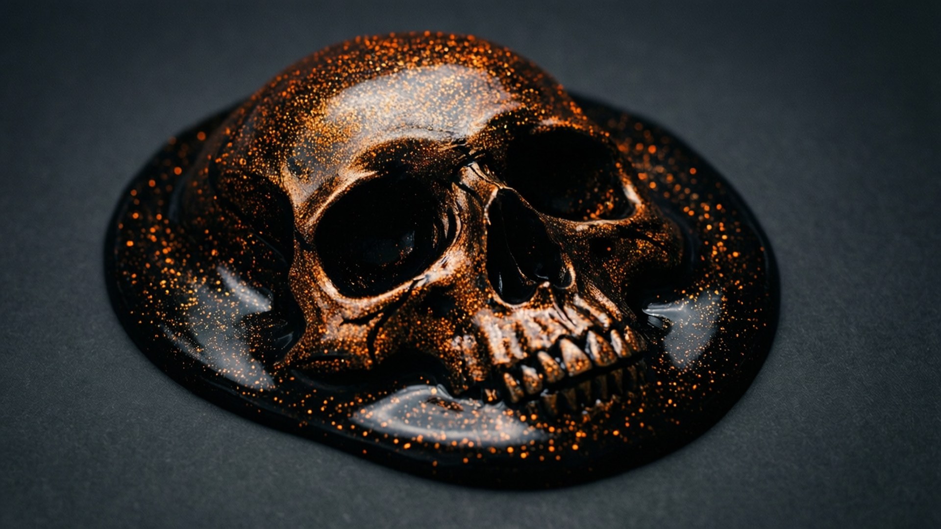 A gold glitter skull in black slime on a dark gray background.