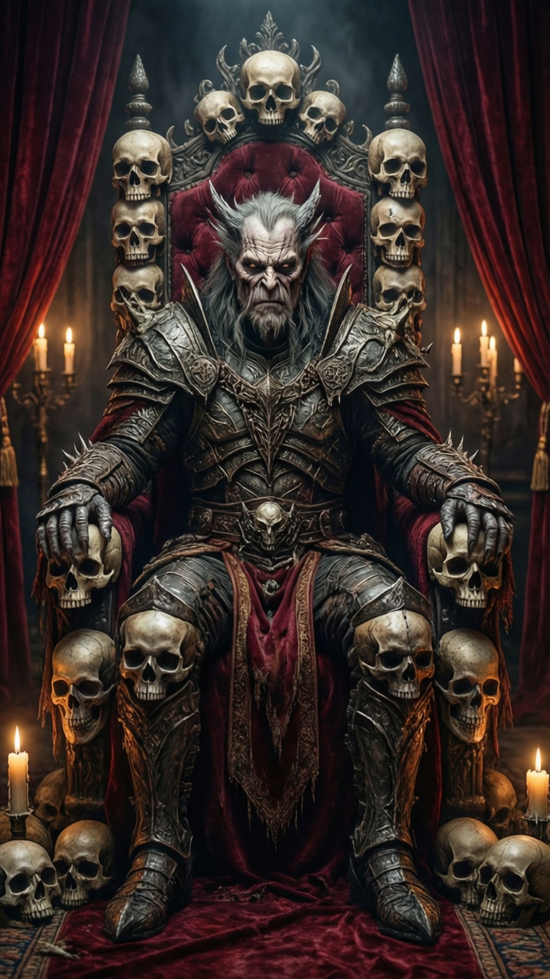 Sinister Dyrroth on a throne of skulls with red curtains.