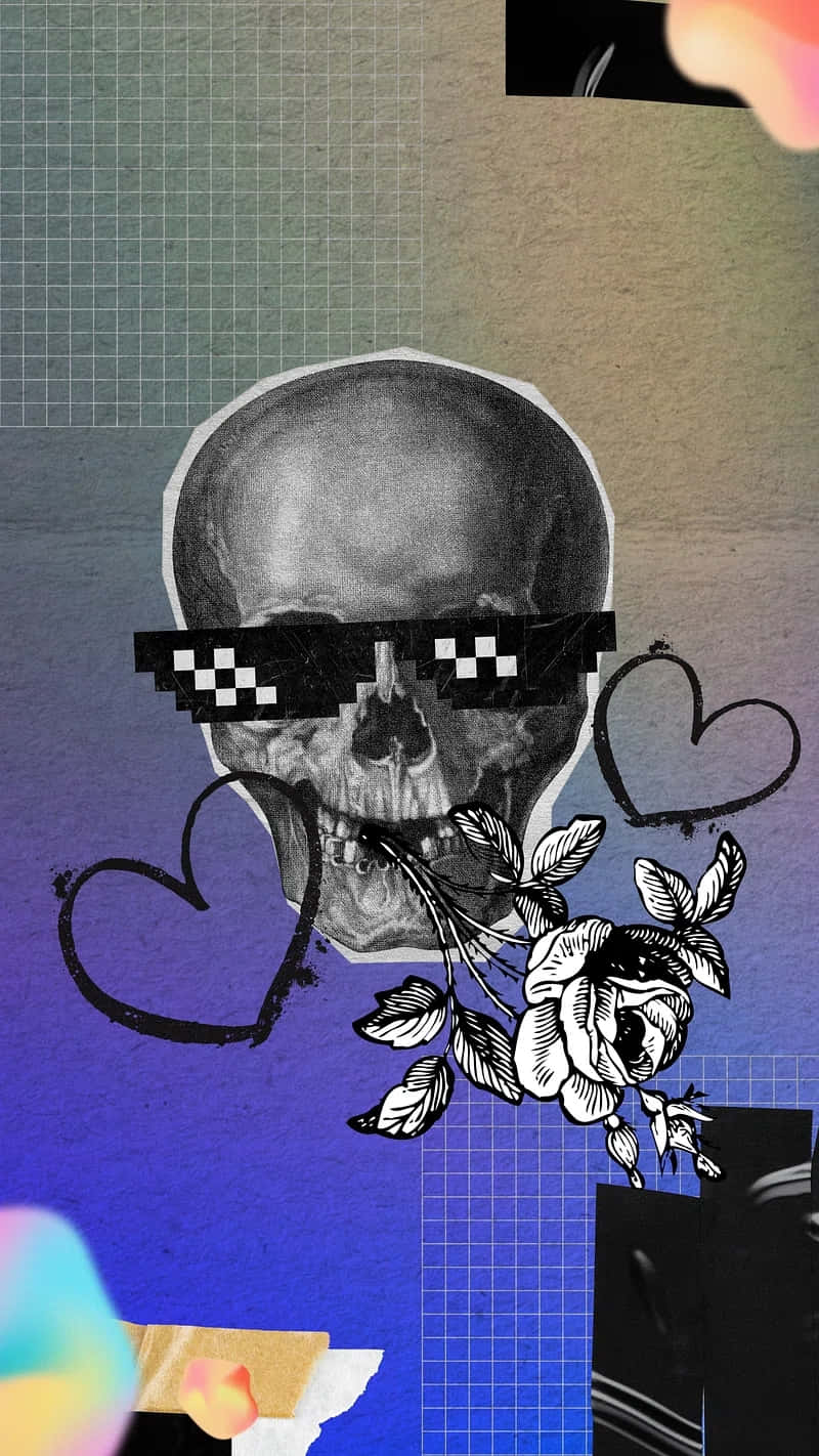 Skull_with_ Pixel_ Shades_and_ Floral_ Decor.jpg Wallpaper