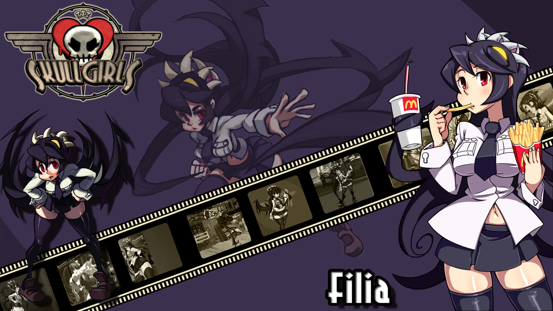 Skullgirls Filia With Film Tape Design Wallpaper