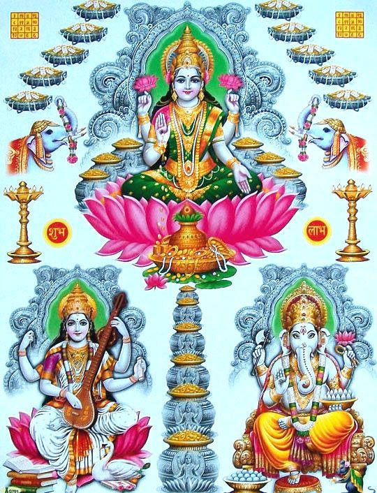 Download Sky Blue Laxmi Ganesh Saraswati Art Wallpaper 