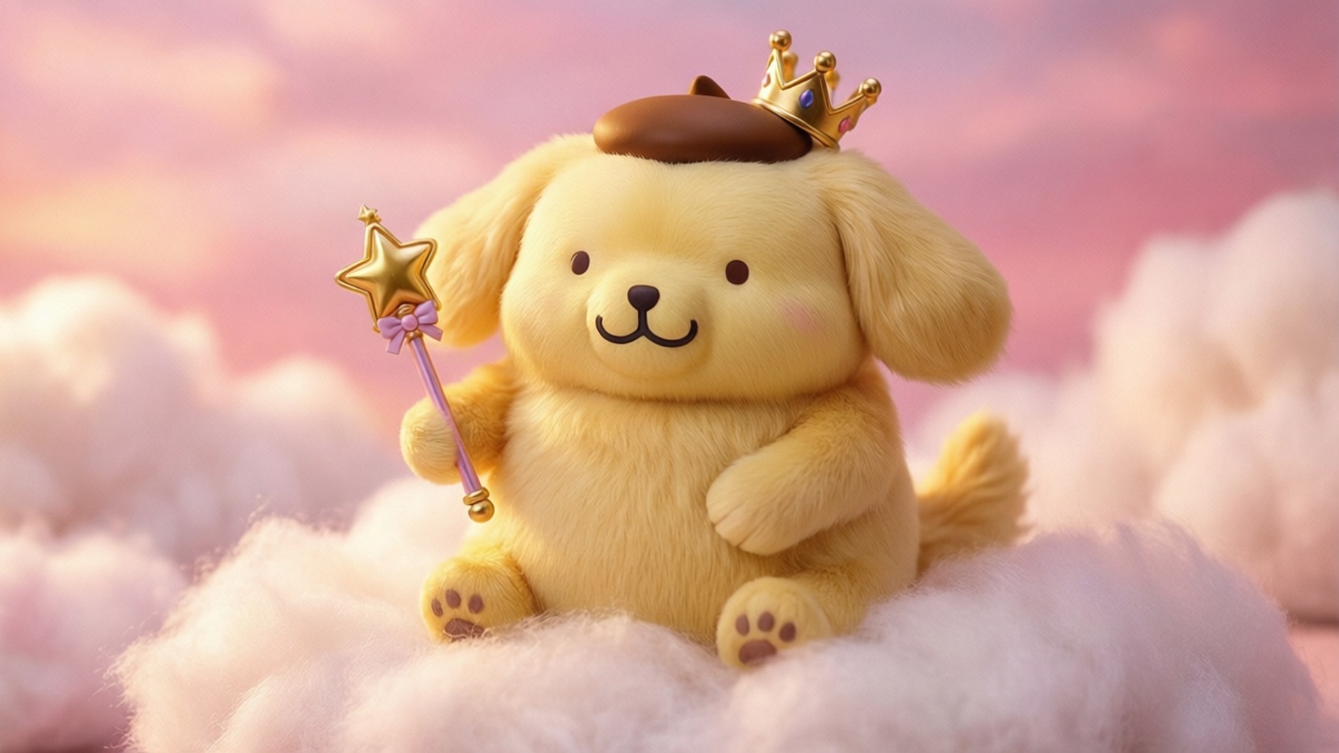 Cloud Nine Pompompurin Wallpaper — A fluffy golden puppy wearing a chocolate hat and gold crown sits regally on pink clouds holding a star-topped wand.