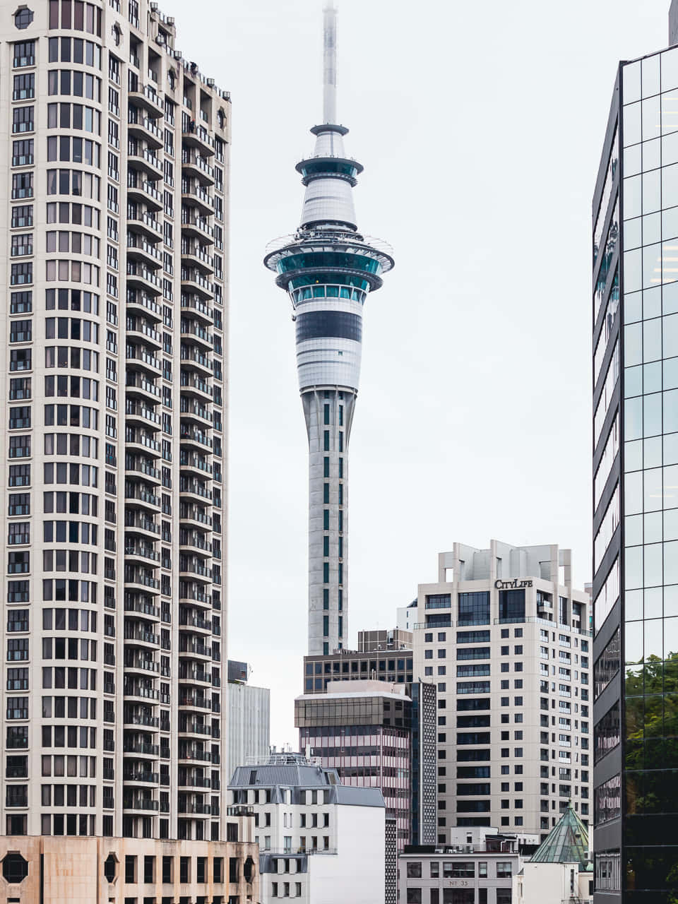 Sky Tower Auckland Blant Bygninger Bakgrunnsbildet